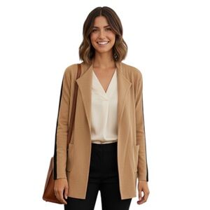 J.Crew Long Sweater Blazer Open Front Two-Tone Tan Black Cardigan Coat Office L